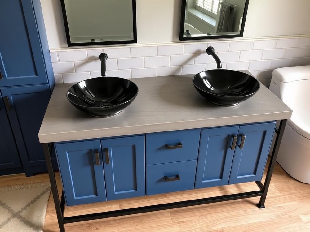 Custom double vanity with concrete countertops and obsidian glass sinks
